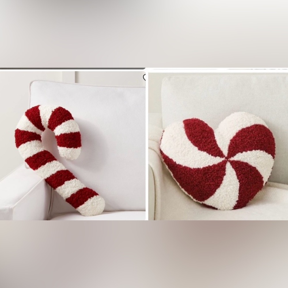 Bundle 2 Pottery Barn Cozy Teddy Faux Fur Candy Cane Heart Shaped Pillows